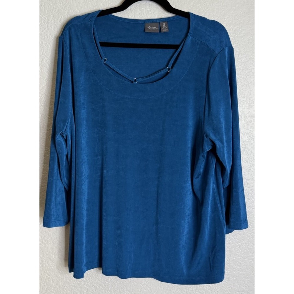 Chicos 3 US XL Top Blue Travelers 3/4 Sleeve Scoop Neck Ring Detail Slinky Chic